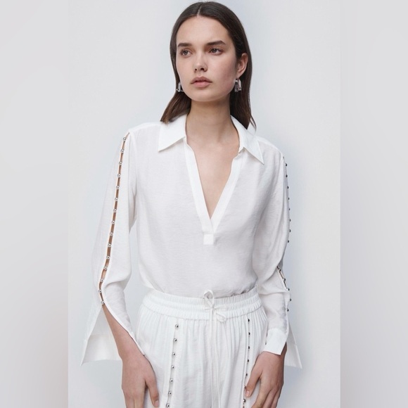 Jonathan Simkhai Tops - Jonathan Simkhai Stormy Beaded Ivory V-Neck Collar Long Sleeve Coverup Top NWT M